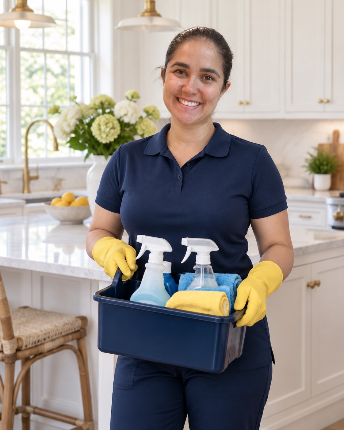 Cleaning professional holding a supply caddy